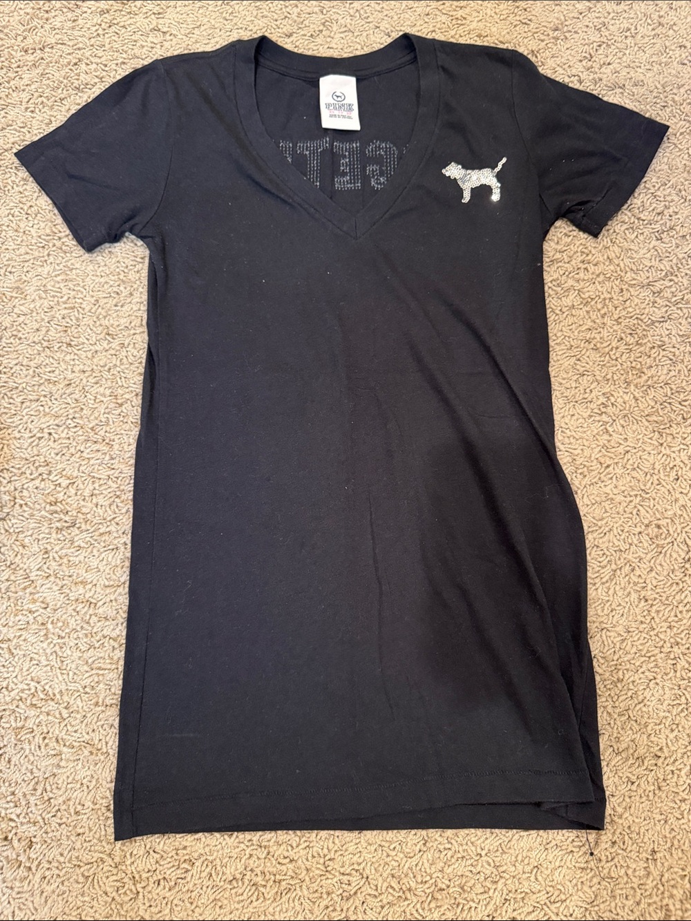PINK Victoria's Secret Black V‑Neck Short Sleeve Tee with Silver Dog Logo
